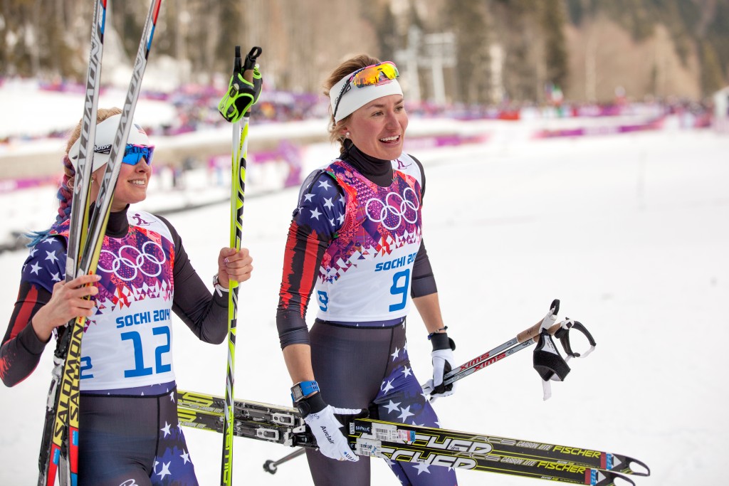 Vermont's Sophie Caldwell (at right) and teammmate Jessie Diggings at the Sochi Olympics. Courtesy USSA