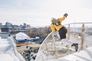 Alexis Jackson during the shootout of the final stage of the ATSX Ice Cross Downhill World Championship at the Red Bull Crashed Ice in Saint Paul, Minnesota, United States on February 26, 2016.