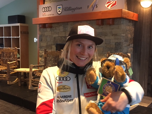 GS World Cup winner, France's Tessa Worley and her World Cup Vermont Teddy Bear. 